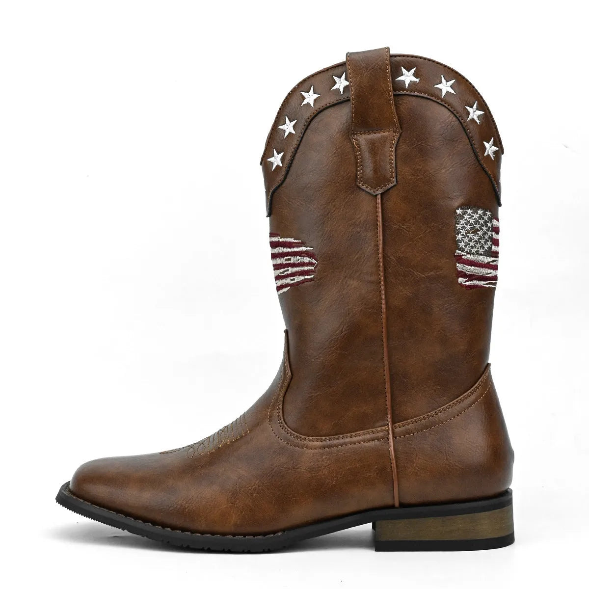 Men's western cowboy boots with five-pointed star design in artificial leather with low heel