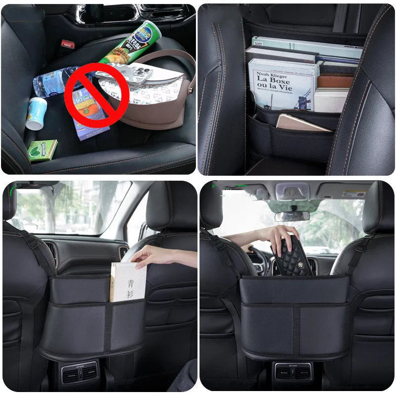 Black leather car seat net pocket storage bag with sports carbon fibre pattern placed between vehicle seats