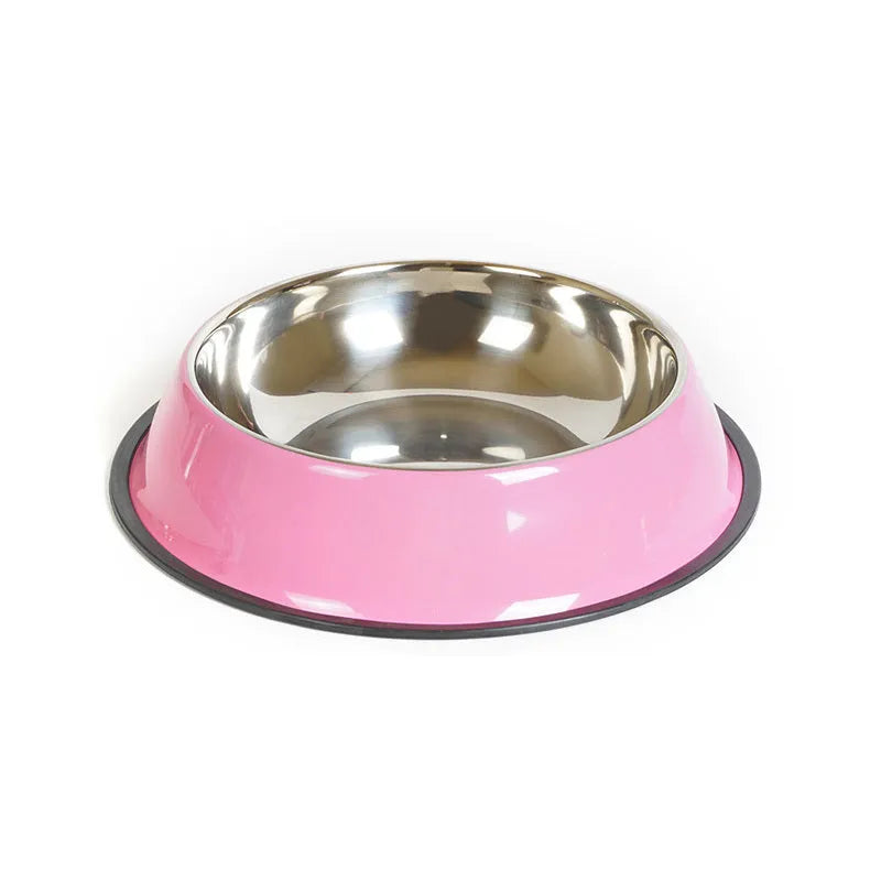 Stainless steel pet bowl inside a colourful melamine bowl, showing non-slip rubber base, in orange colour.