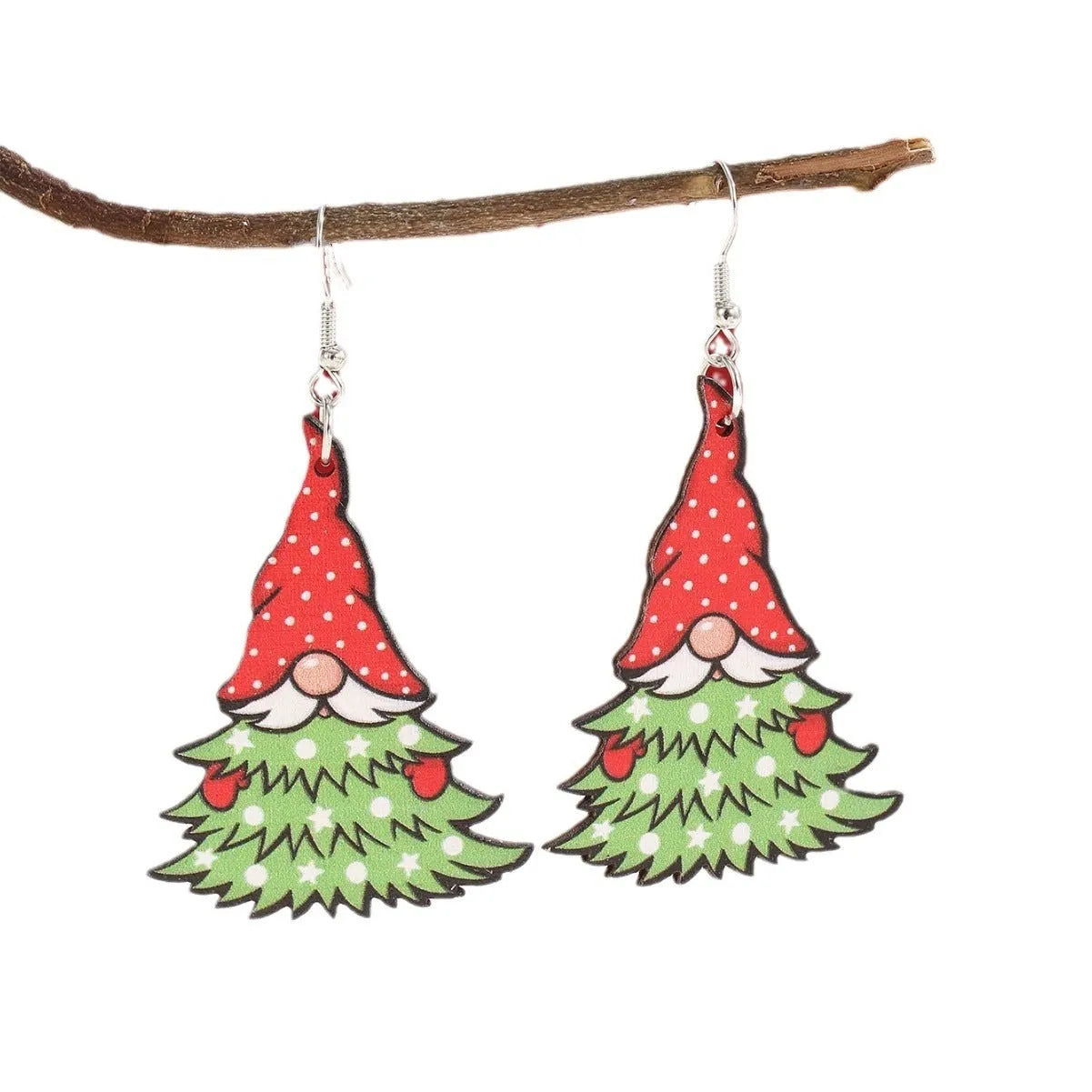 Wooden Christmas earrings with geometric shapes showing printed tree and snowman designs