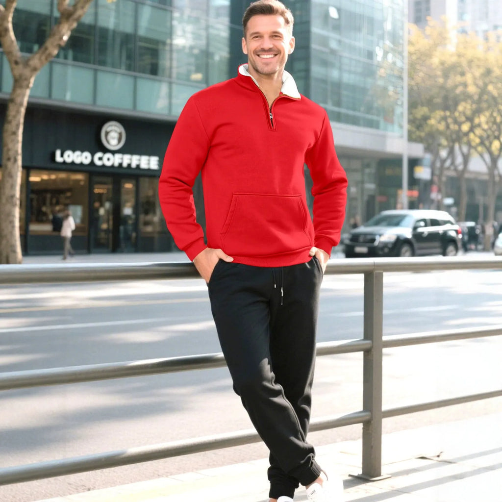 Men's colour-block zip knit sweater, short sleeve polyester fleece pullover, five colours, sizes S-XXXL