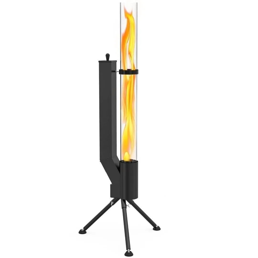 Vertical cast iron wood burning rocket furnace stove for outdoor patio and courtyard heating.