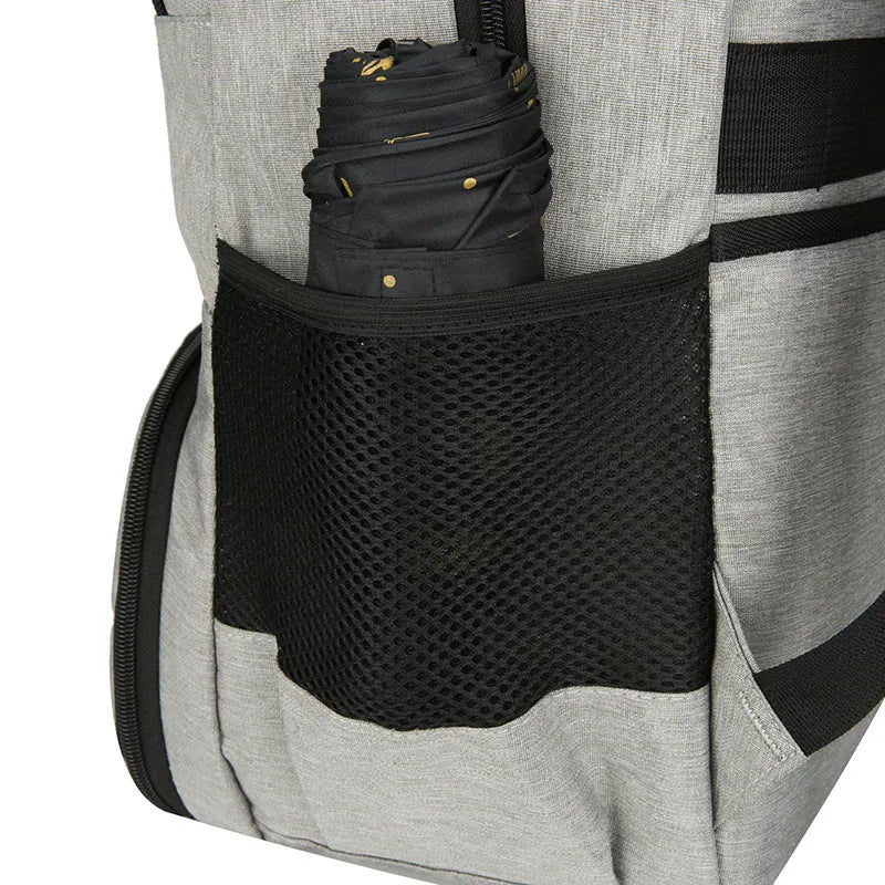 Insulated Oxford cloth backpack in grey with curved shoulder straps and multiple compartments