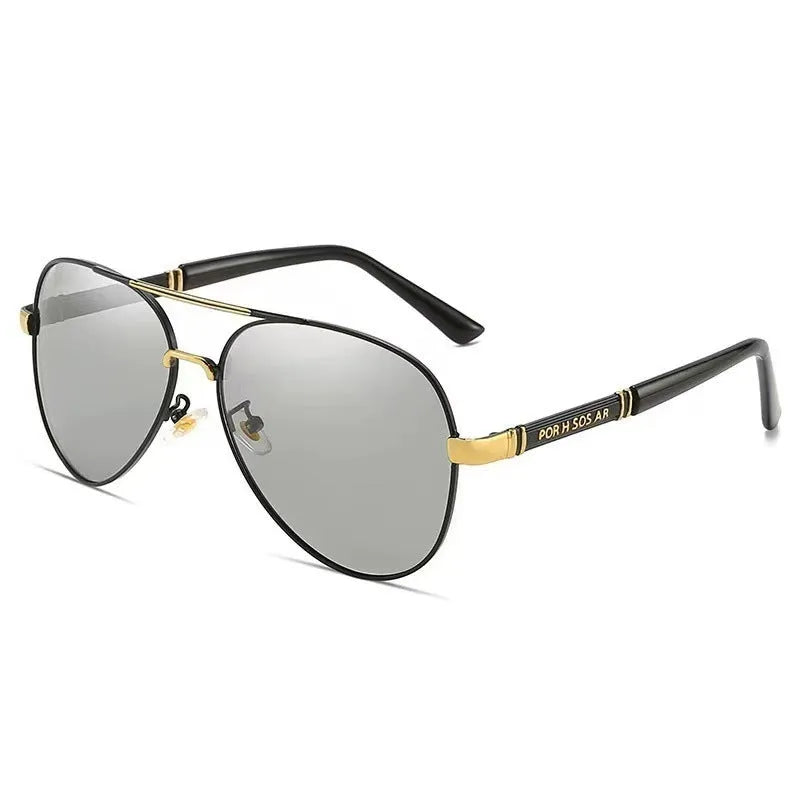 Men's metal frame polarised sunglasses in gold, black and silver colours with grey or colour-changing lenses