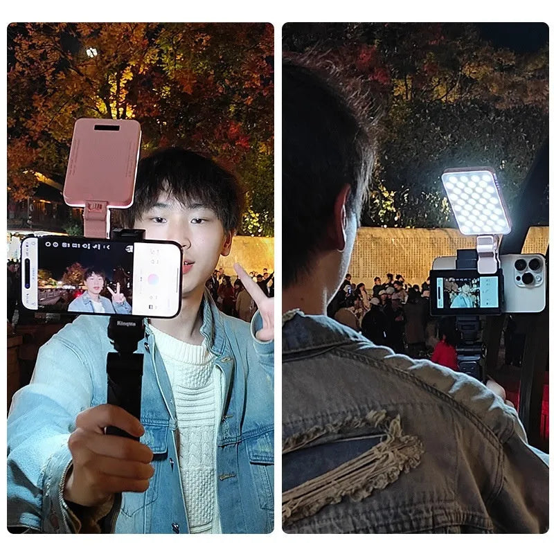 Mobile phone selfie mirror display screen with magnetic suction phone clip, Bluetooth remote control, storage bag, and charging cable.