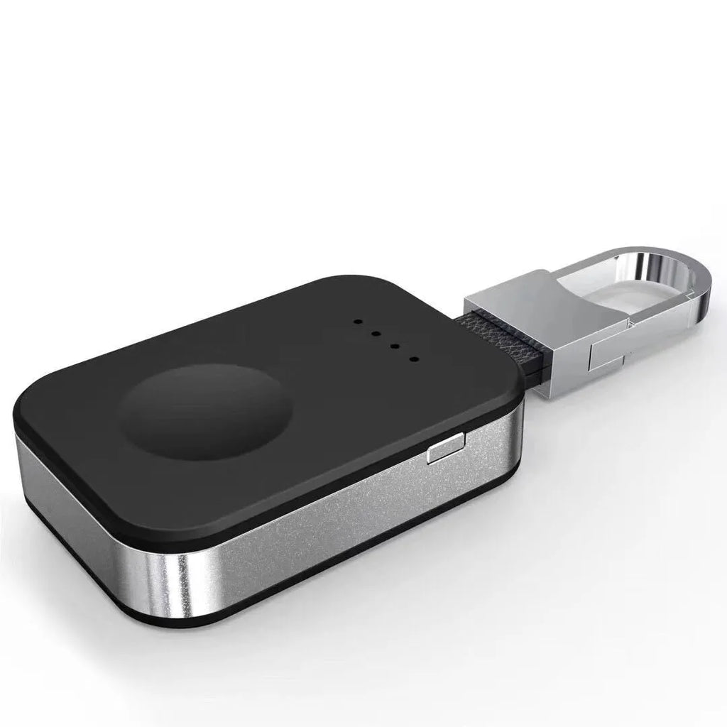 Black portable Apple Watch wireless charger and power bank with keychain loop