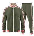 Mens khaki turtleneck zipper cardigan and trousers two-piece suit set on hanger