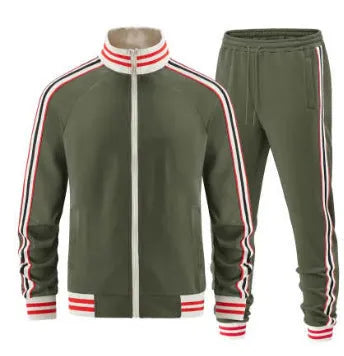 Mens khaki turtleneck zipper cardigan and trousers two-piece suit set on hanger