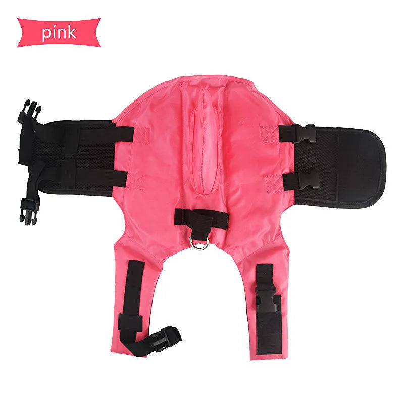 Shark dog life vest in blue or orange cloth with buckle, sizes XS to XXL