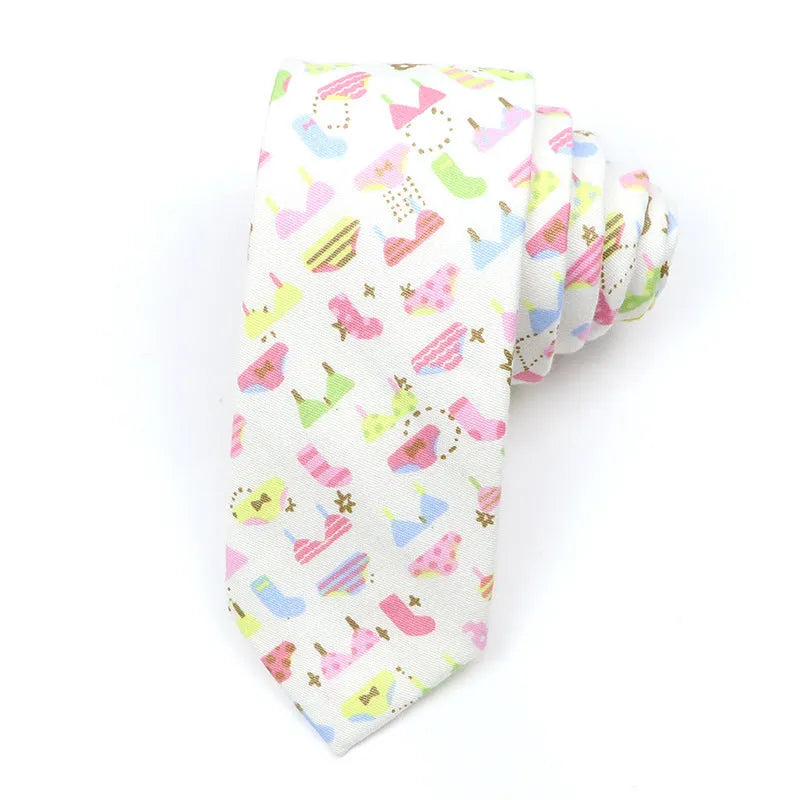 Narrow Korean-style cotton bow tie featuring a colourful cartoon print pattern.