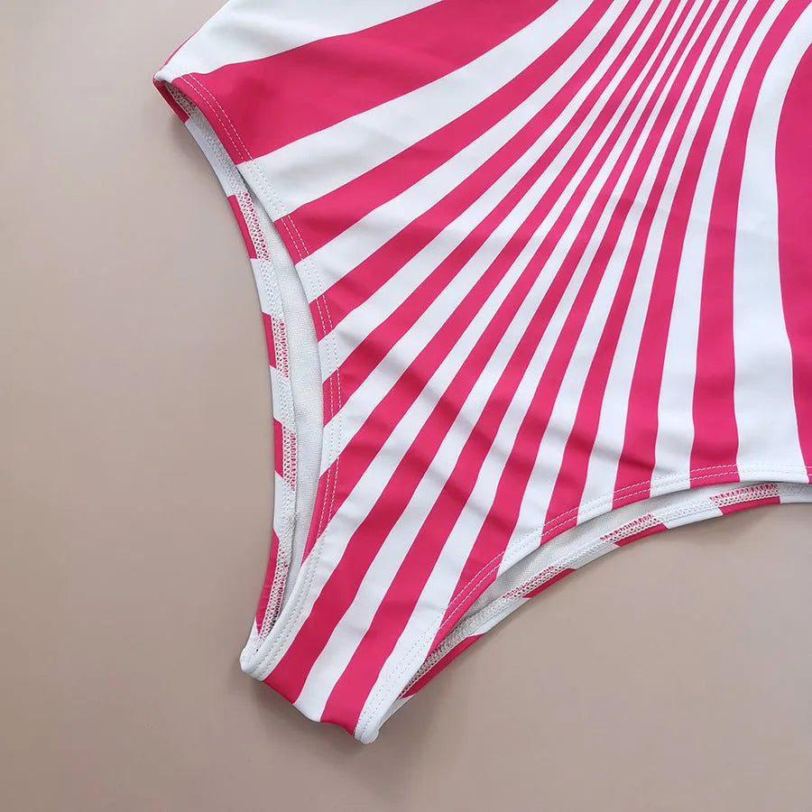 Pink striped women's one-piece swimsuit with digital printing on front and back.