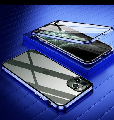Black glass clamshell anti-spy phone case with a geometric pattern for iPhone.
