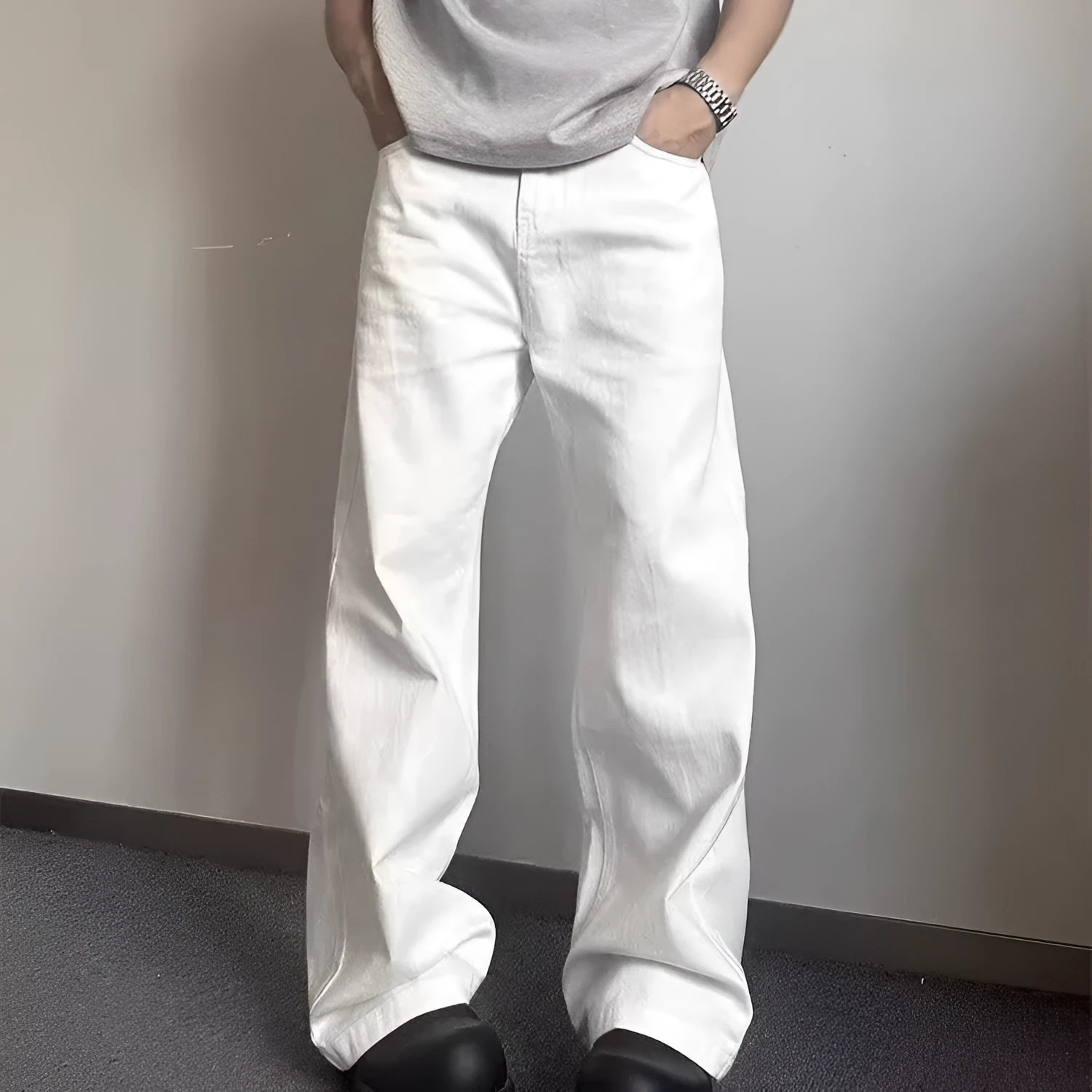 White straight-leg men's jeans with mid waist and zipper fly on mannequin