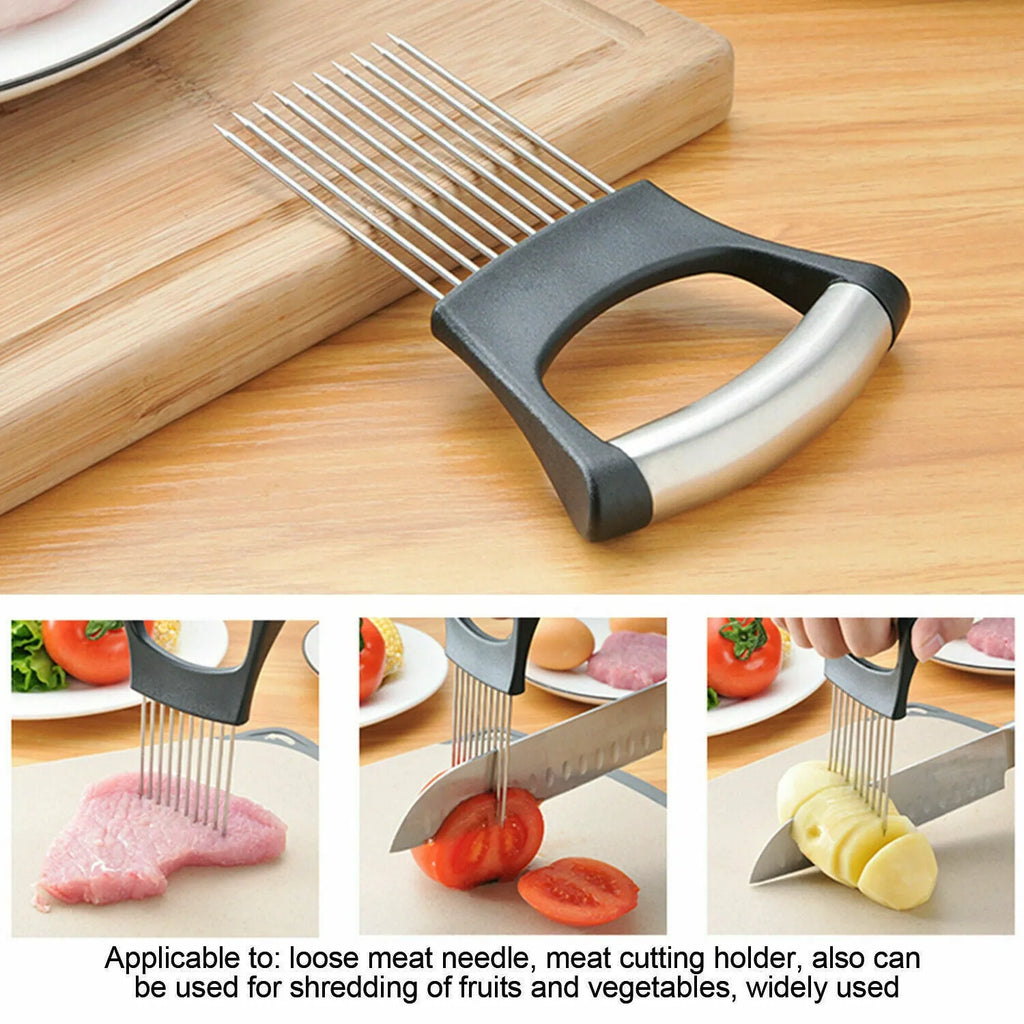 Stainless steel onion slicer tool with needles on a white ABS base.