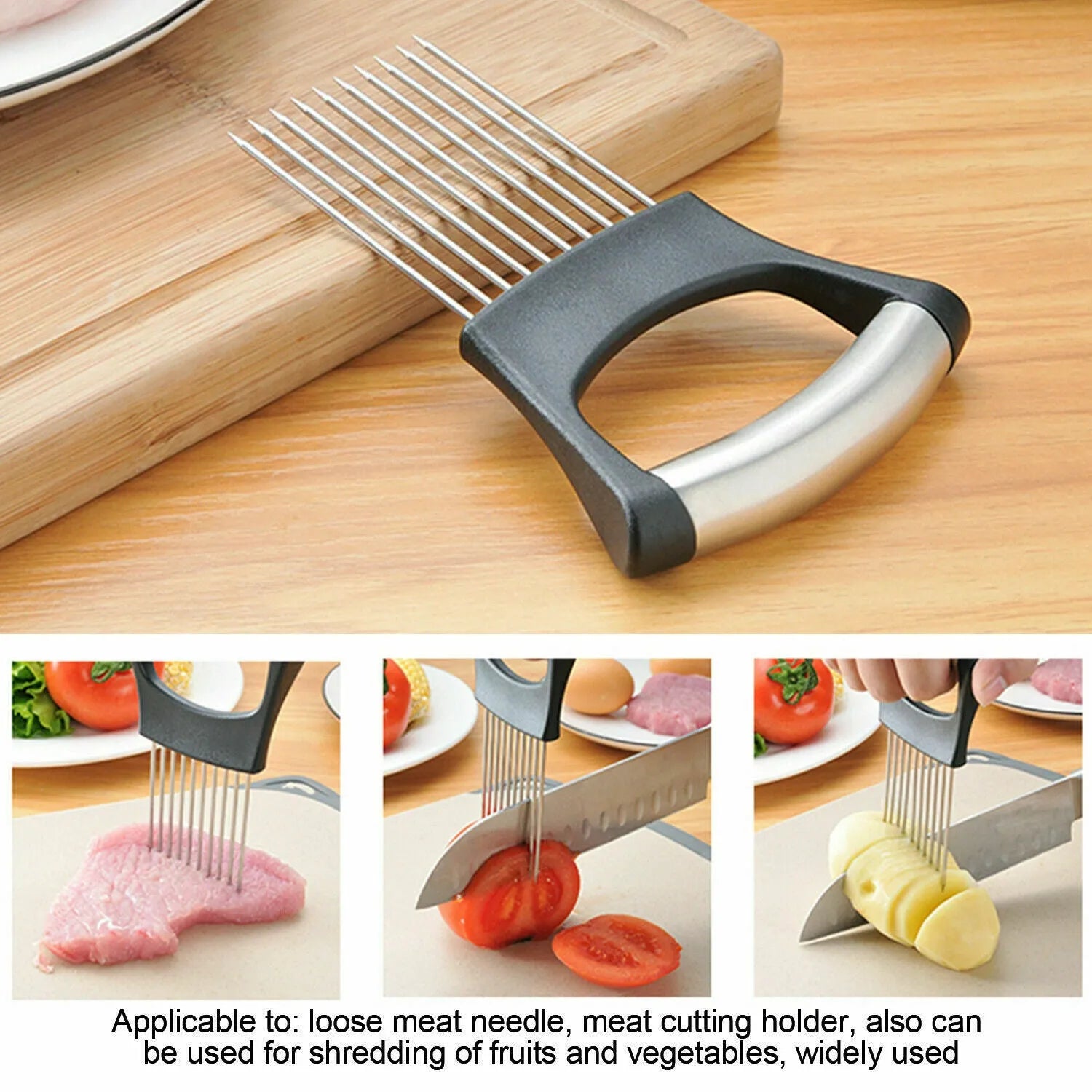 Stainless steel onion slicer tool with needles on a white ABS base.