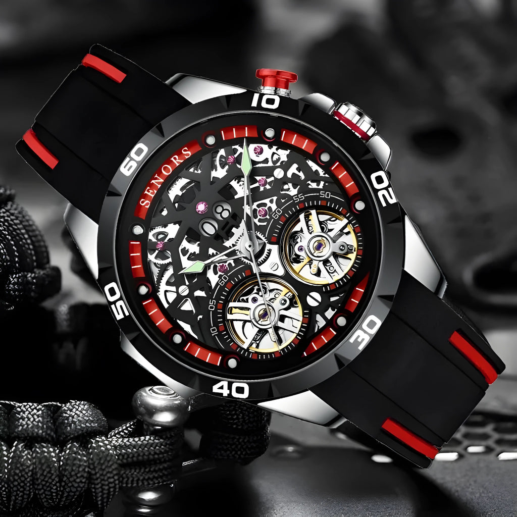 Automatic mechanical men's watch with luminous skeleton dial in business style, showing internal movement components