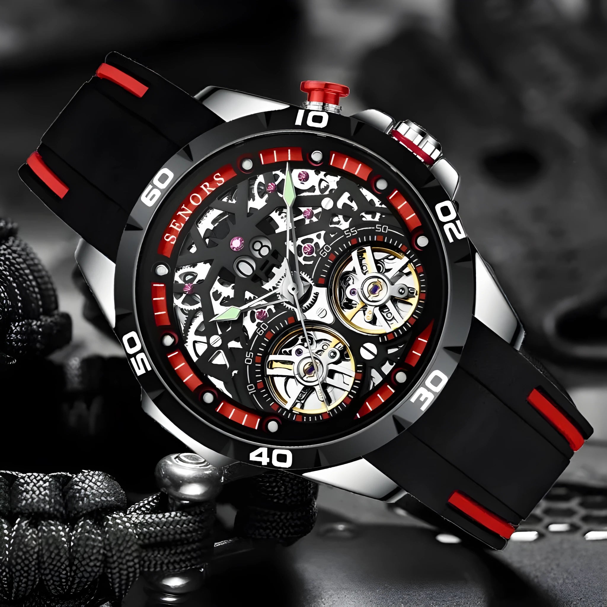Automatic mechanical men's watch with luminous skeleton dial in business style, showing internal movement components