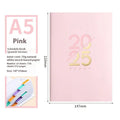 A5 2025 daily planner schedule book with faux leather cover shown in blue colour option