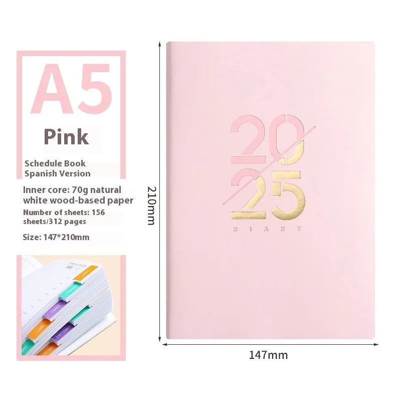 A5 2025 daily planner schedule book with faux leather cover shown in blue colour option