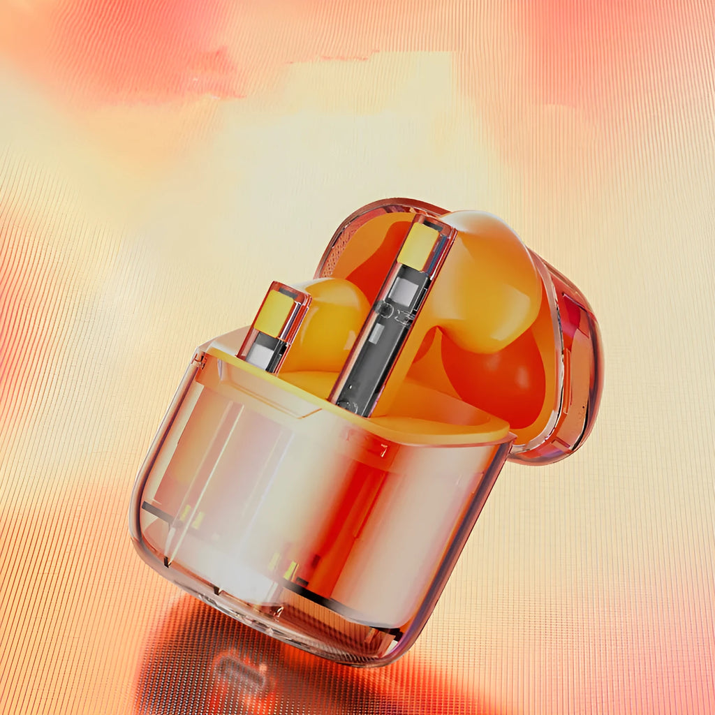 YX06 transparent wireless TWS headphones in black, green, orange, or white colours with charging case.