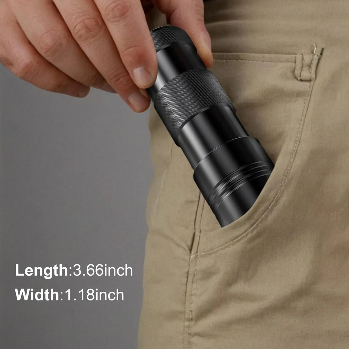 Black aluminium UV flashlight with tail switch, 9.8 cm long, for detecting stains and pests.