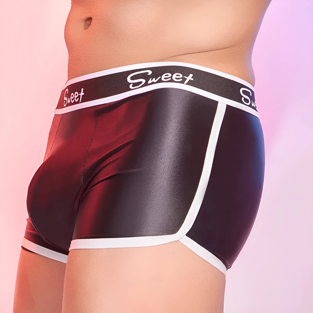 Men's shiny silky nylon boxer underwear in black, white, and sapphire blue colours