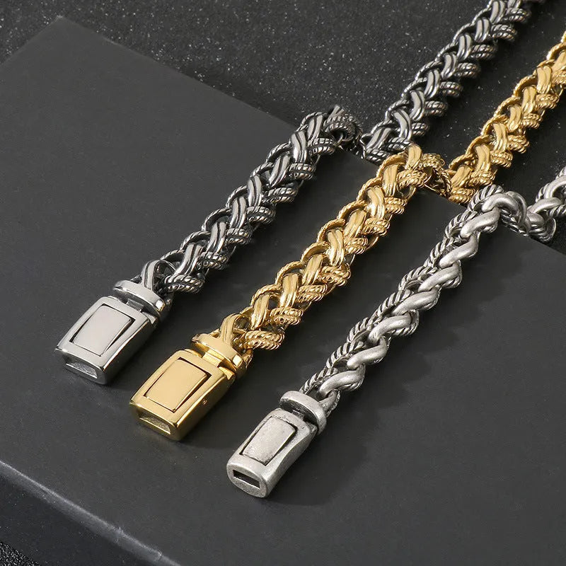 Men's antique silver keel chain necklace with geometric titanium steel links and hemp flower design
