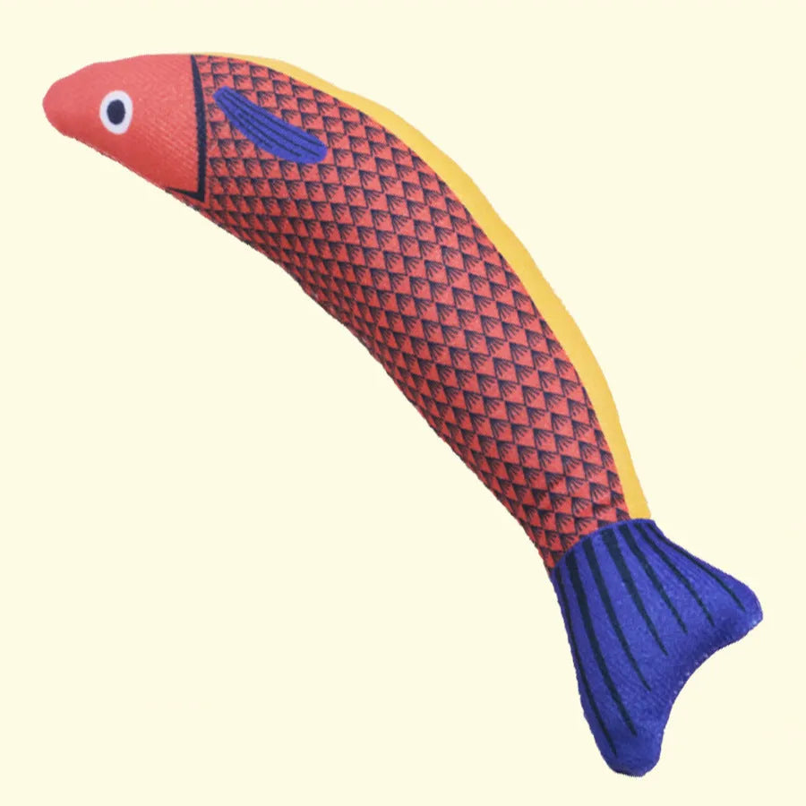 Green, orange, and yellow soft plush saury fish cat toys with catnip filling for interactive play
