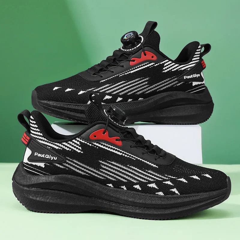 Men's rotating buckle fly-kit mesh casual sports running shoes in white green colour