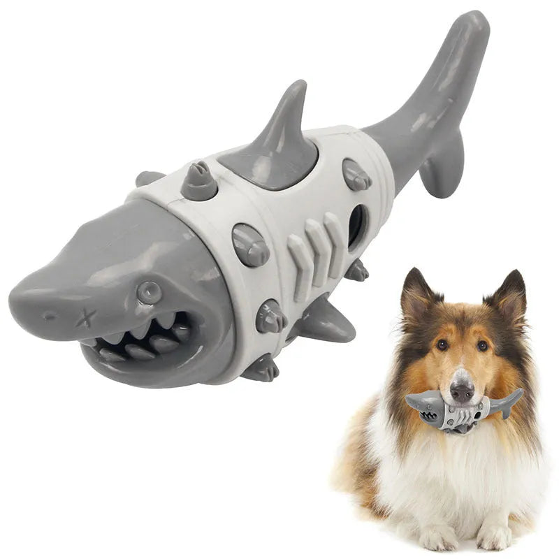 Blue, grey, and yellow dog teething toy with shark-tooth cleaning mimicry design