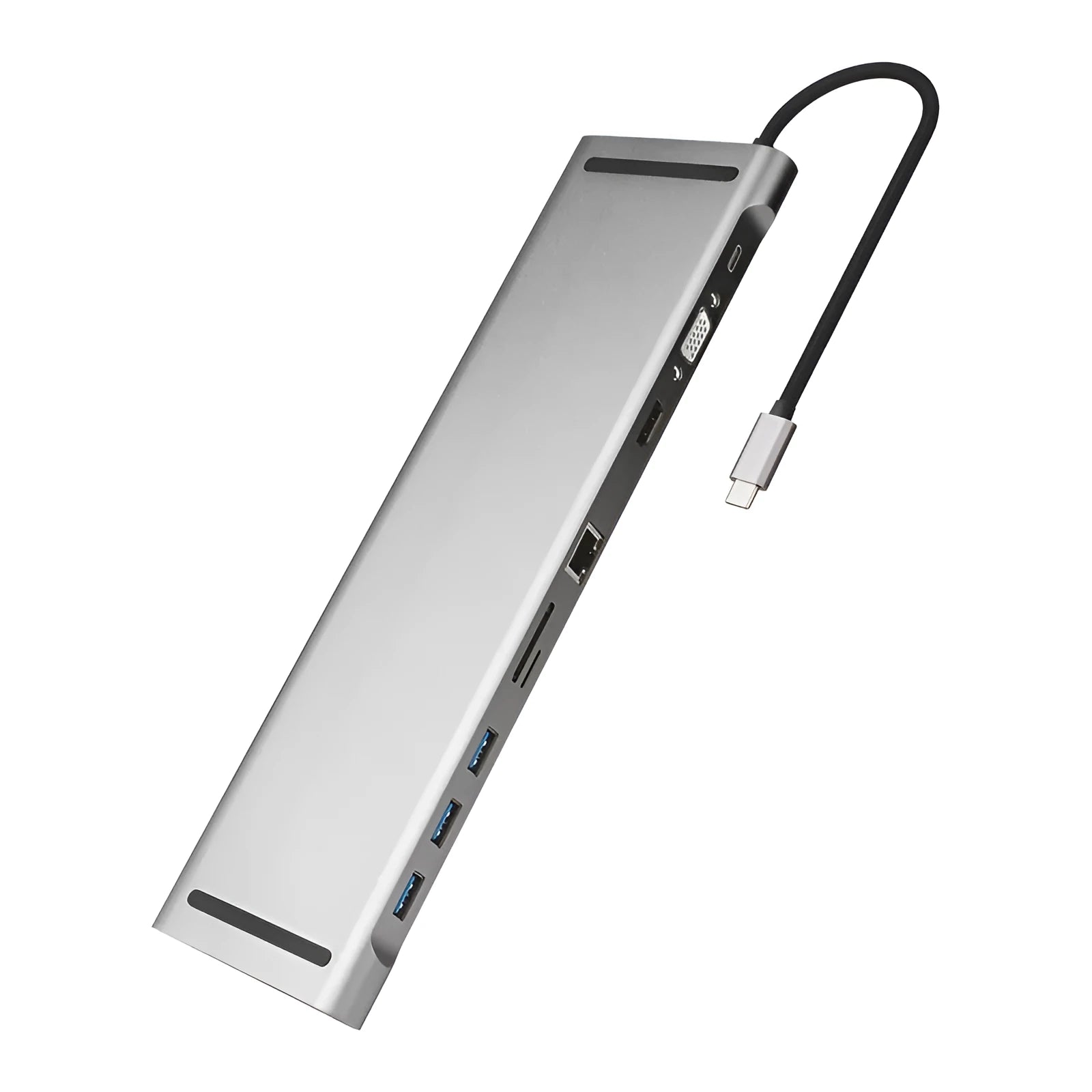 Grey aluminium ten-port laptop docking station with cooling bracket showing HDMI, VGA, and USB ports