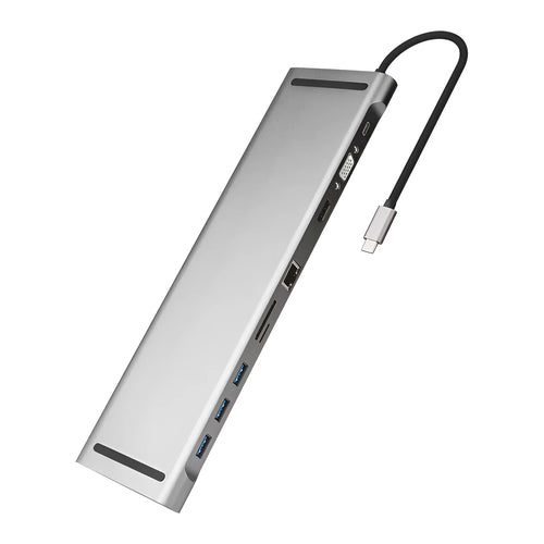 Grey aluminium ten-port laptop docking station with cooling bracket showing HDMI, VGA, and USB ports