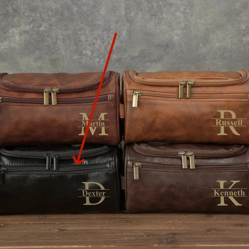 Men's black PU leather travel toiletry bag with 7 slots for grooming kit organisation