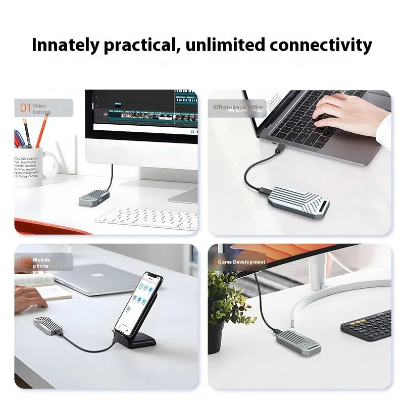 Silver aluminium external SSD enclosure for M.2 drives with Thunderbolt 4 and USB4 40Gbps connectivity.