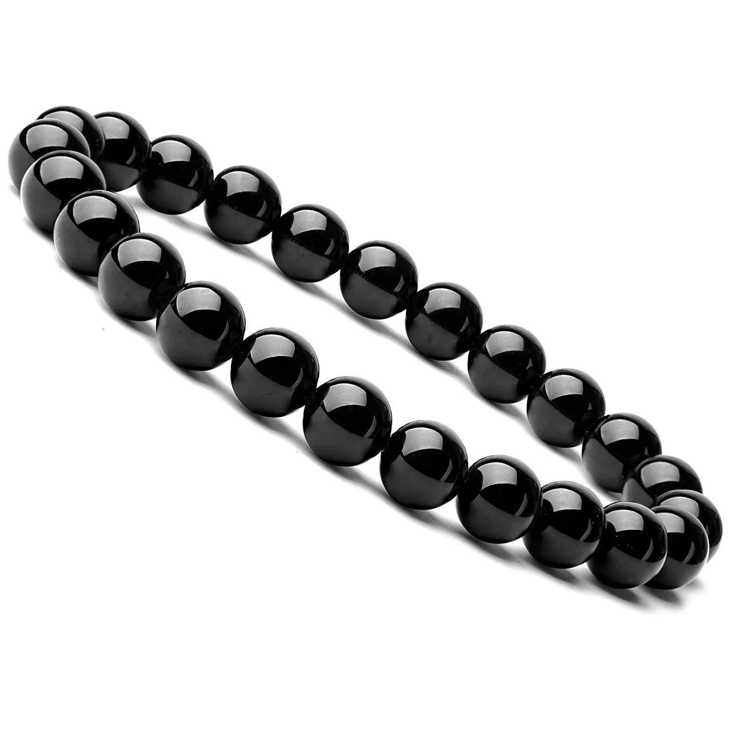 Geometric black agate bracelet with 8mm beads on a black elastic cord for women.