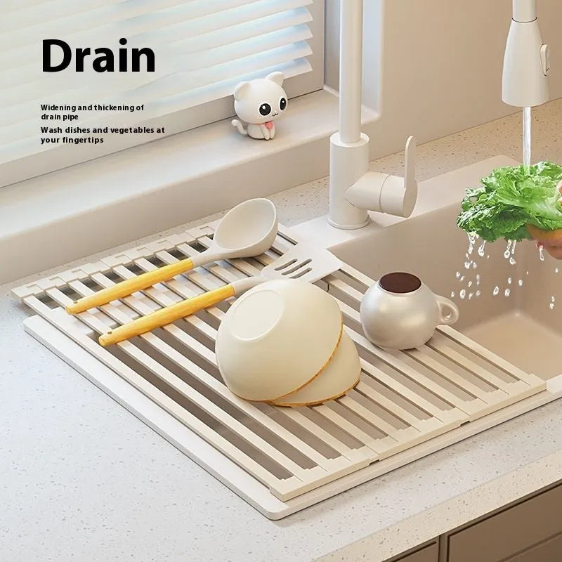 Milky white stainless steel foldable kitchen draining rack with tri-fold design on sink