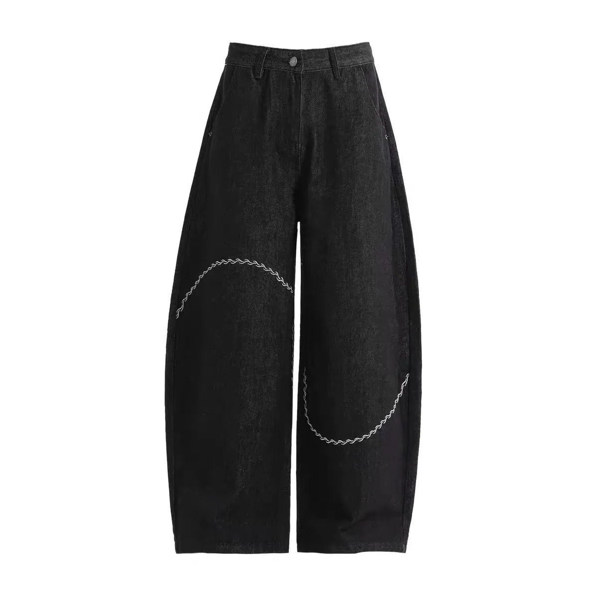 Black straight-leg jeans with micro-elastic polyester denim fabric showing zip fly and mid-rise waist