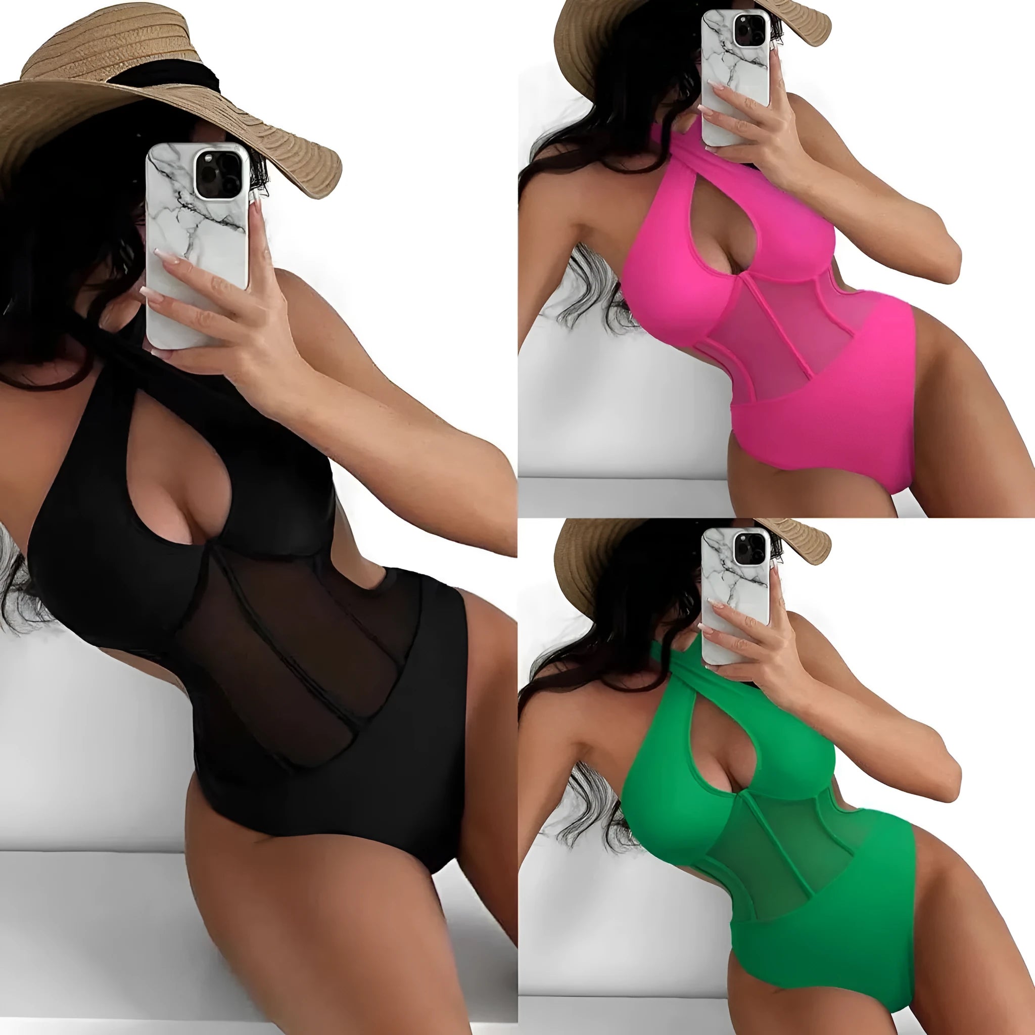 A black ladies one-piece swimsuit bikini made from nylon and spandex fabric on a mannequin.