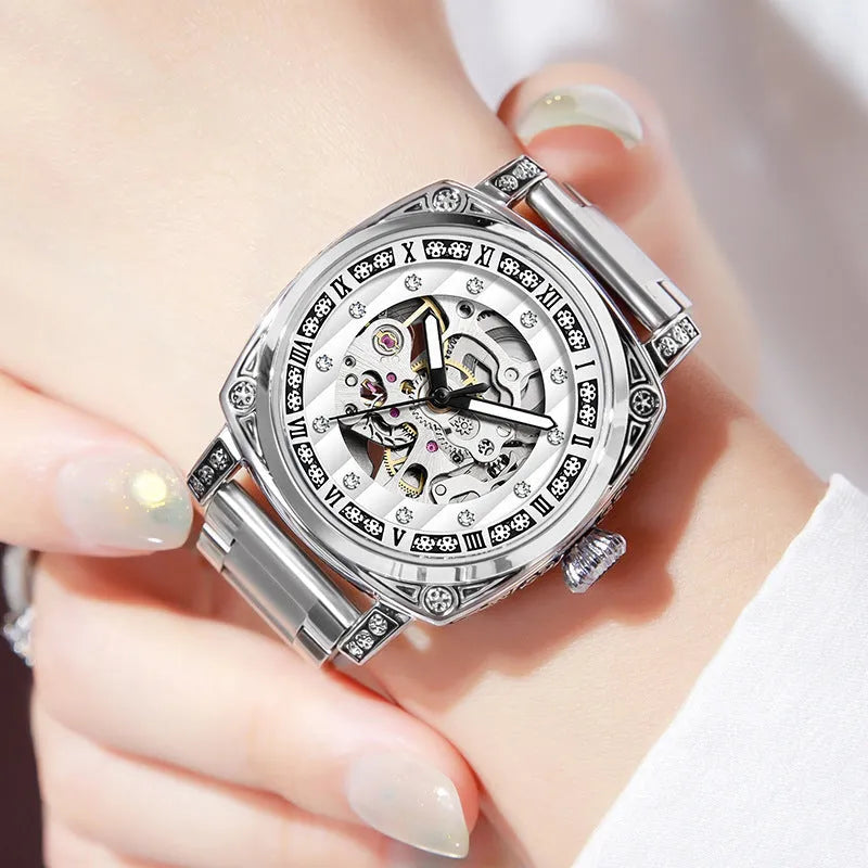 Mechanical wristwatch with luminous dial on leather strap, available in multiple colours including black, red and white