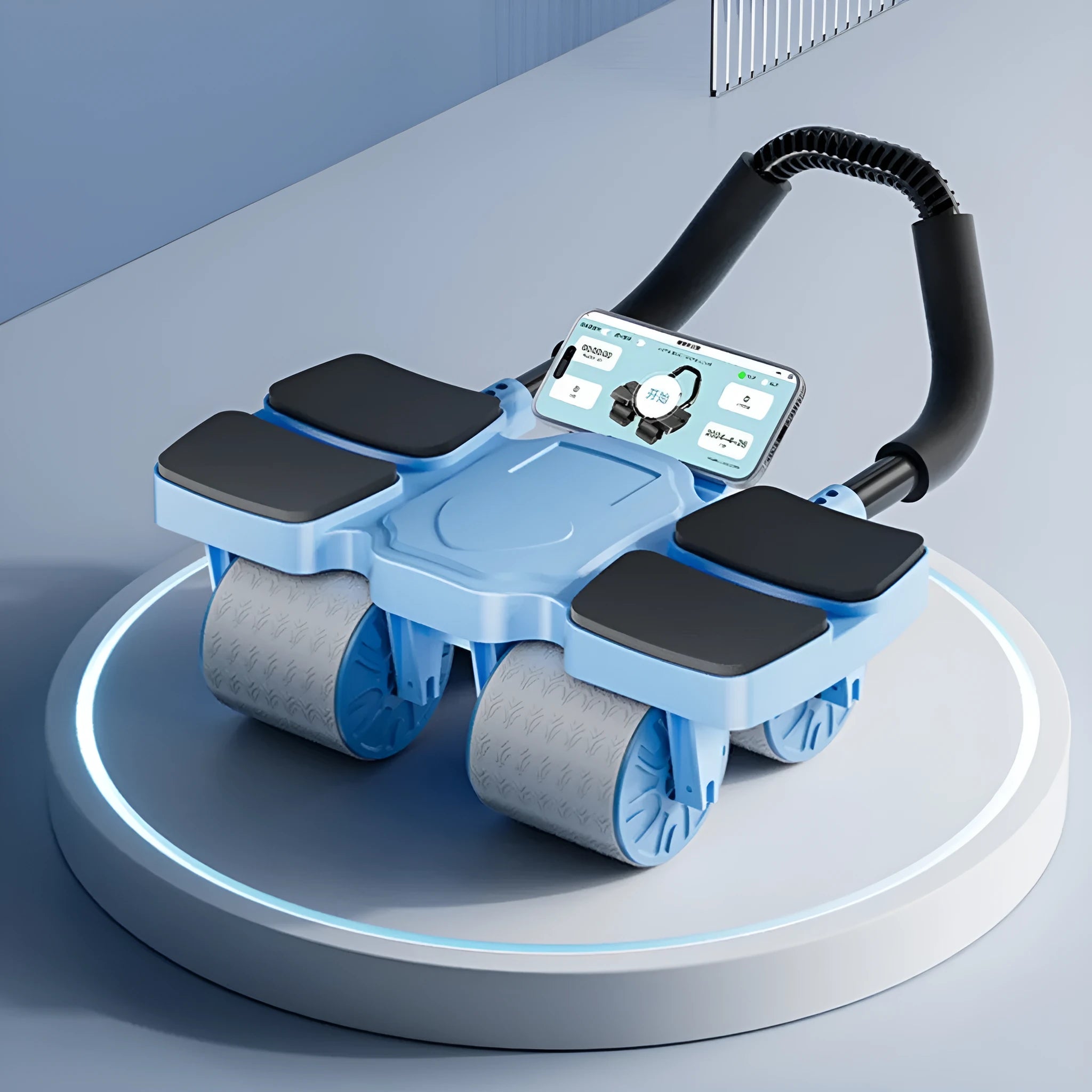 Automatic rebound abdominal exercise wheel with four wheels in blue colour