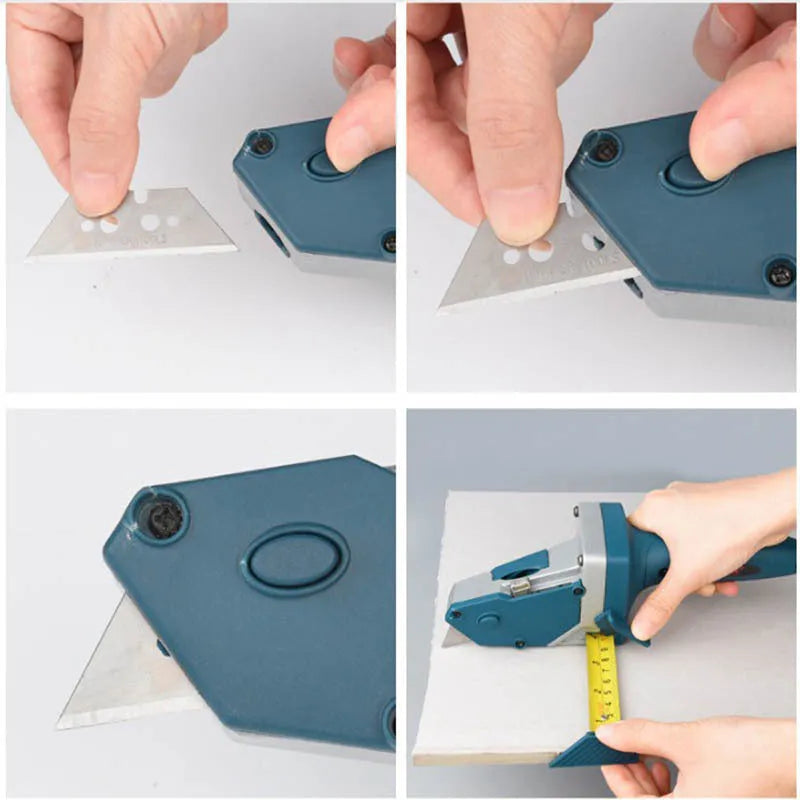 Blue aluminium alloy and TPR plastic DIY cutting tool with lock mechanism and measurement scale.