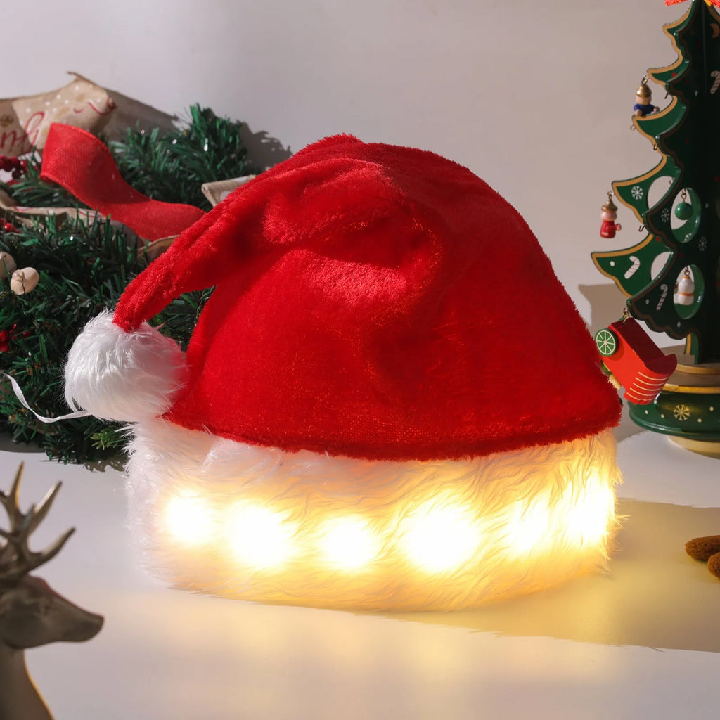 Red and white plush Santa hat with LED lights glowing in multiple colours on stretch spandex material