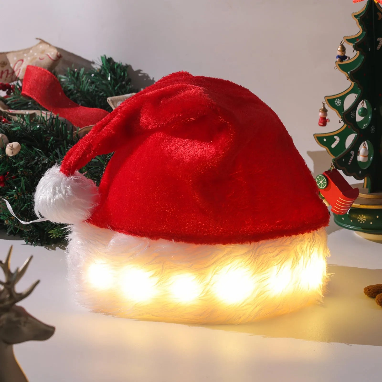 Red and white plush Santa hat with LED lights glowing in multiple colours on stretch spandex material