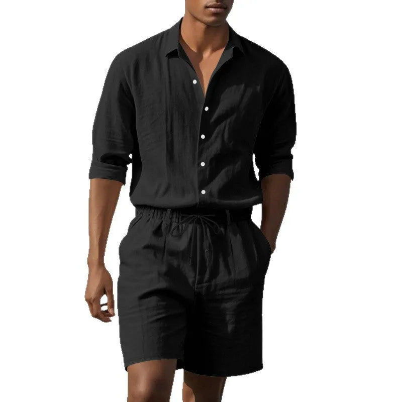 Men's linen summer casual suit with long sleeve shirt and shorts in multiple colours