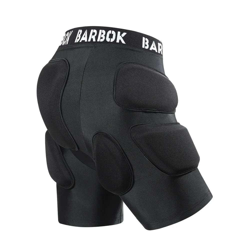 Black Spandex and NBR foam hip protection pad for sports like roller skating and skateboarding.