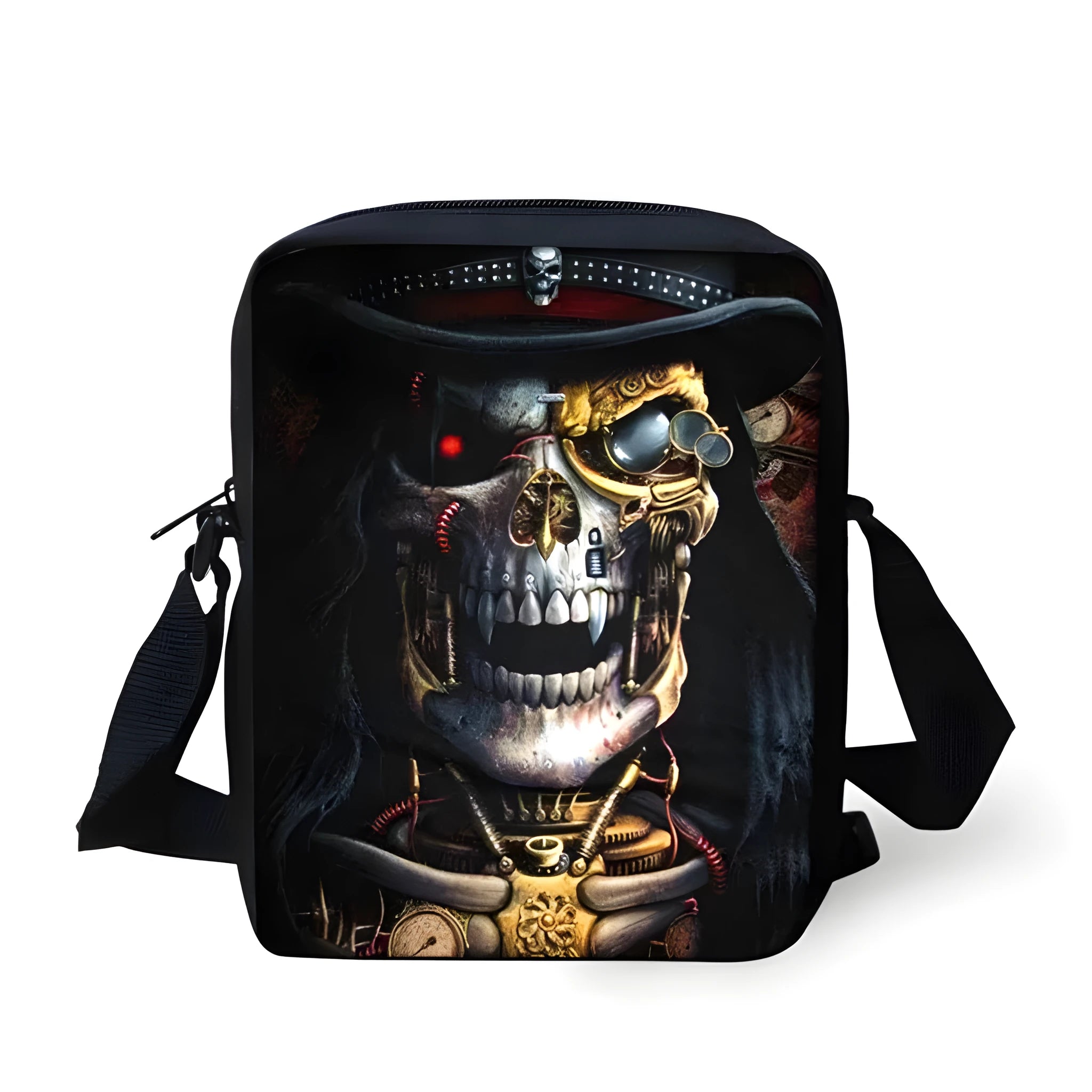 Children's messenger bag with skull patterns showing double straps and zipper closure