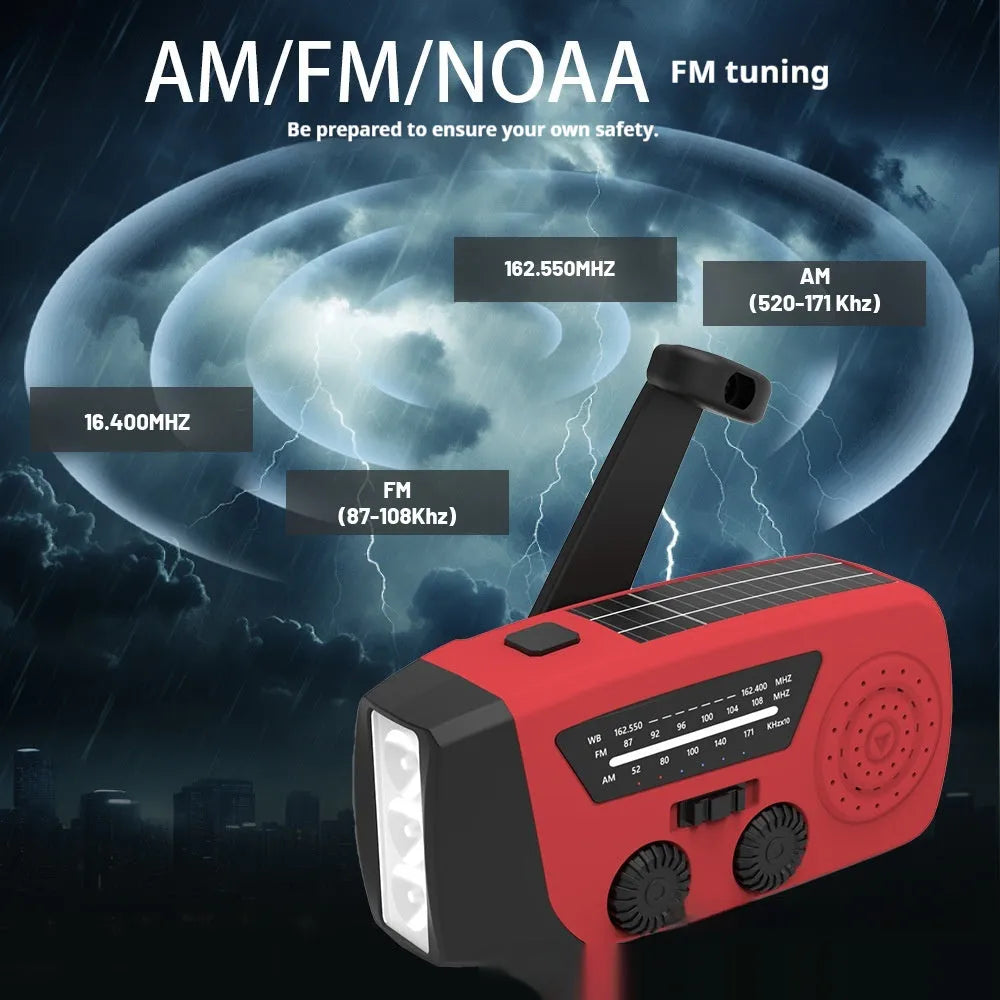 Red rechargeable emergency radio torch with hand crank, LED light, and USB charging port