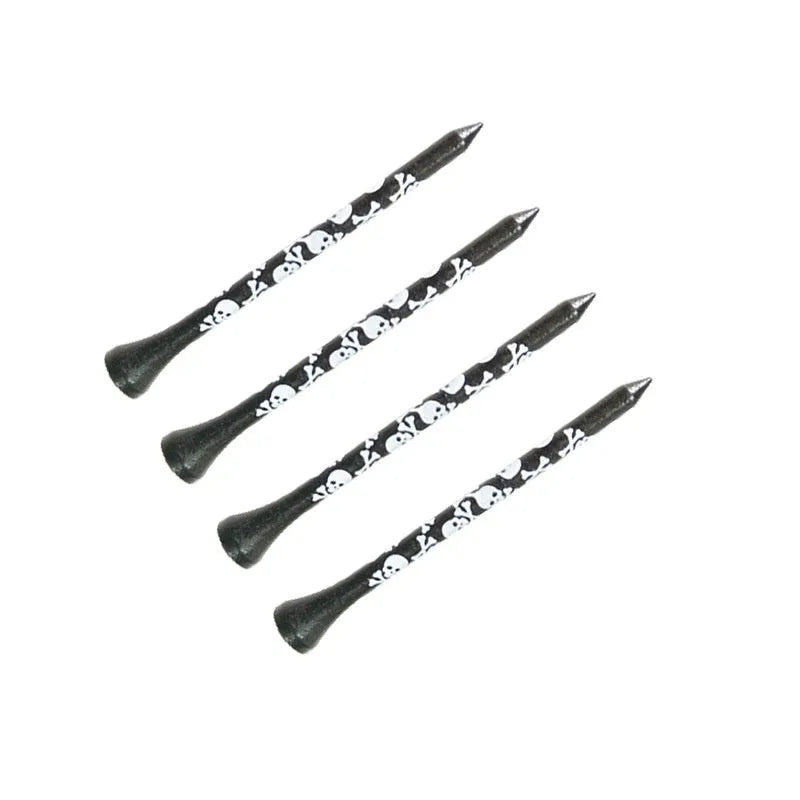 Black bamboo golf shoe dowel pins with skull print in 70mm and 83mm sizes, pack of 10