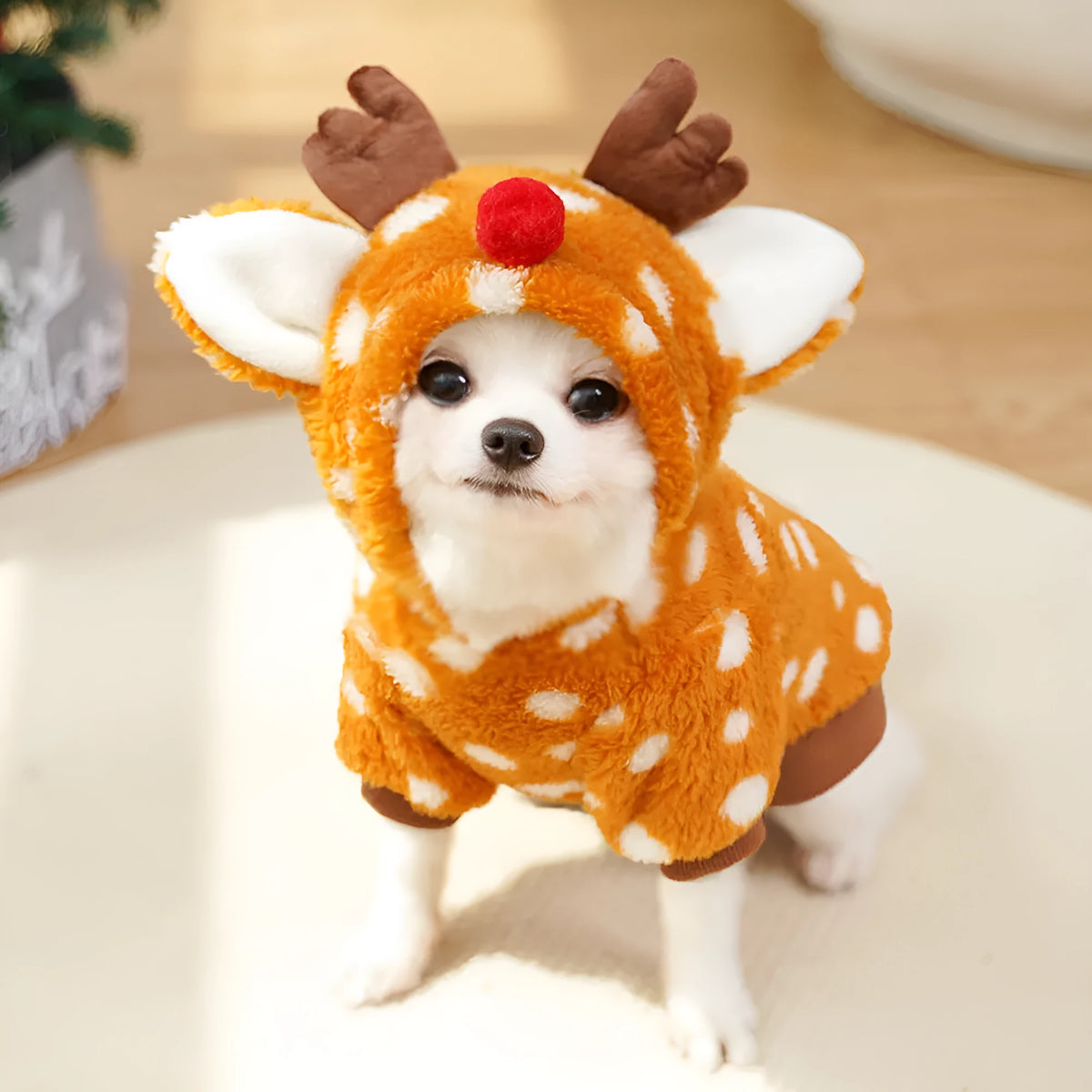 Elk fleece-lined pet costume for dogs and cats, two-leg Christmas design, sizes XS to XXL, polyester