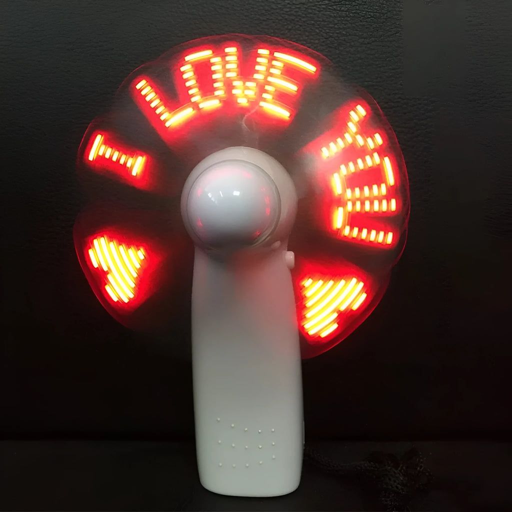 White handheld mini fan with flashing blue and red LED I love you pattern display